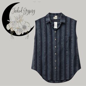 Jaded Gypsy Women Boho Indigo Stripe Sleeveless Button Down Top Artisan Folk OS
